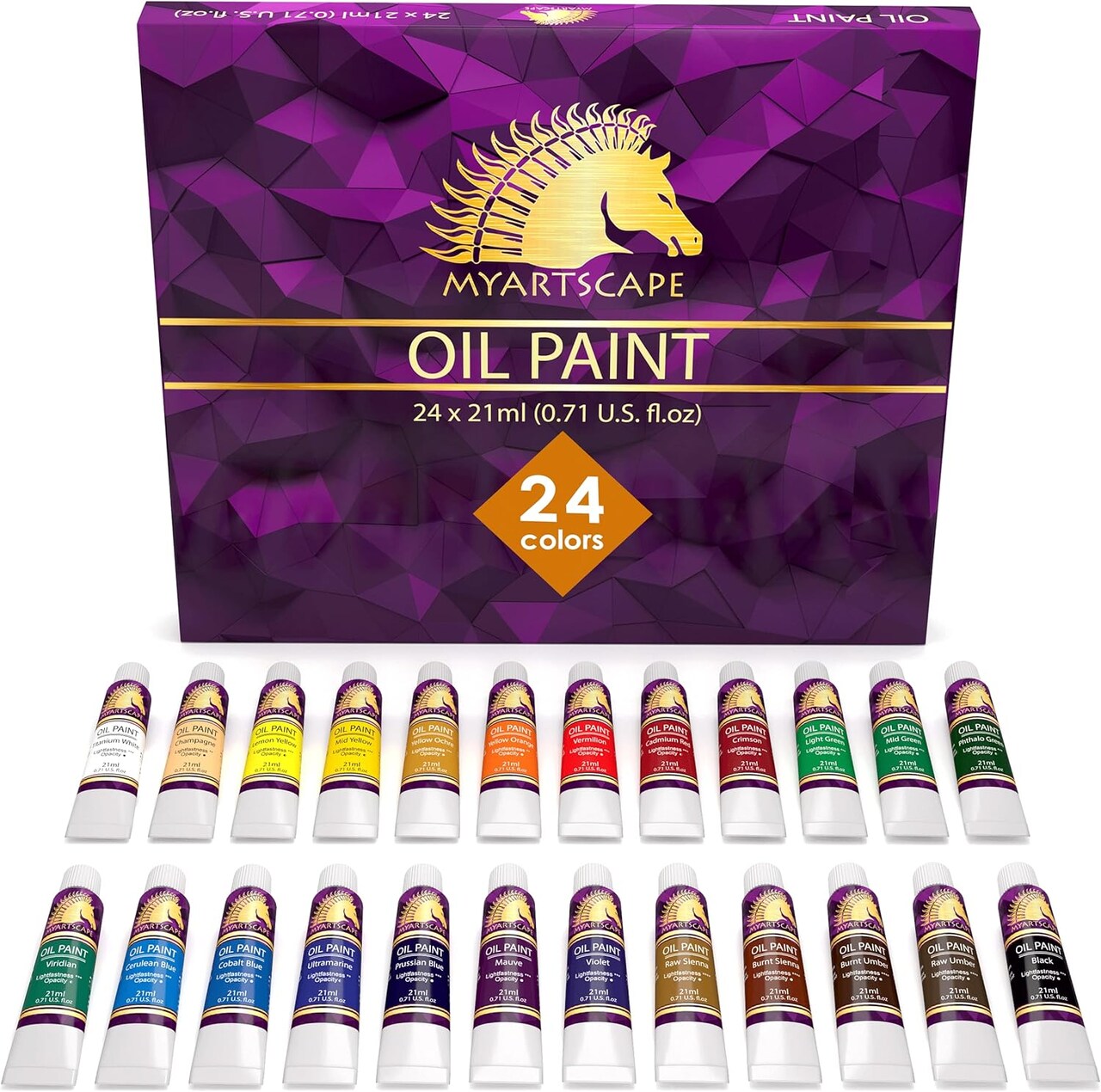 Oil Paint Set - 24 x 21ml Tubes - Artist Quality - Rich Vivid Oil-based Colors - Lightfast - Heavy Body - Great Saturation - Glossy Finish